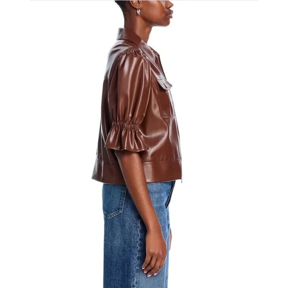 Cinq à Sept Women Espresso Vegan Leather Luxury Short Puff Sleeve Jacket Size M - Picture 5 of 10